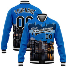 Laden Sie das Bild in den Galerie-Viewer, Custom Blue Black-White Amsterdam Netherlands City Edition 3D Bomber Full-Snap Varsity Letterman Jacket
