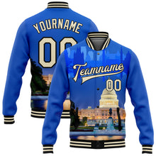 Laden Sie das Bild in den Galerie-Viewer, Custom Royal Cream-Black Capitol Washington City Edition 3D Bomber Full-Snap Varsity Letterman Jacket
