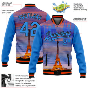 Custom Electric Blue Black-Orange Eiffel Tower Paris France City Edition 3D Bomber Full-Snap Varsity Letterman Jacket