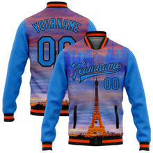 Load image into Gallery viewer, Custom Electric Blue Black-Orange Eiffel Tower Paris France City Edition 3D Bomber Full-Snap Varsity Letterman Jacket
