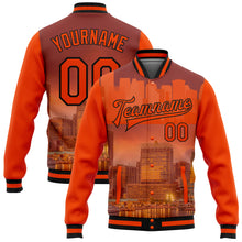 Laden Sie das Bild in den Galerie-Viewer, Custom Orange Black Baltimore Inner Harbor Baltimore Maryland City Edition 3D Bomber Full-Snap Varsity Letterman Jacket
