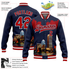 Laden Sie das Bild in den Galerie-Viewer, Custom Navy Red-White Boston Massachusetts City Edition 3D Bomber Full-Snap Varsity Letterman Jacket
