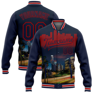 Custom Navy Red Los Angeles California City Edition 3D Bomber Full-Snap Varsity Letterman Jacket