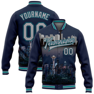 Custom Navy Gray-Teal Seattle Washington City Edition 3D Bomber Full-Snap Varsity Letterman Jacket