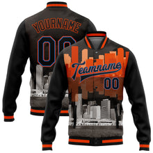 Load image into Gallery viewer, Custom Black Electric Blue-Orange Miami Florida City Edition 3D Bomber Full-Snap Varsity Letterman Jacket
