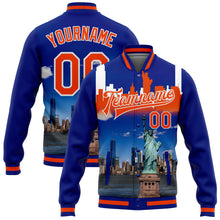 Load image into Gallery viewer, Custom Royal Orange-White Statue Of Liberty New York City Edition 3D Bomber Full-Snap Varsity Letterman Jacket
