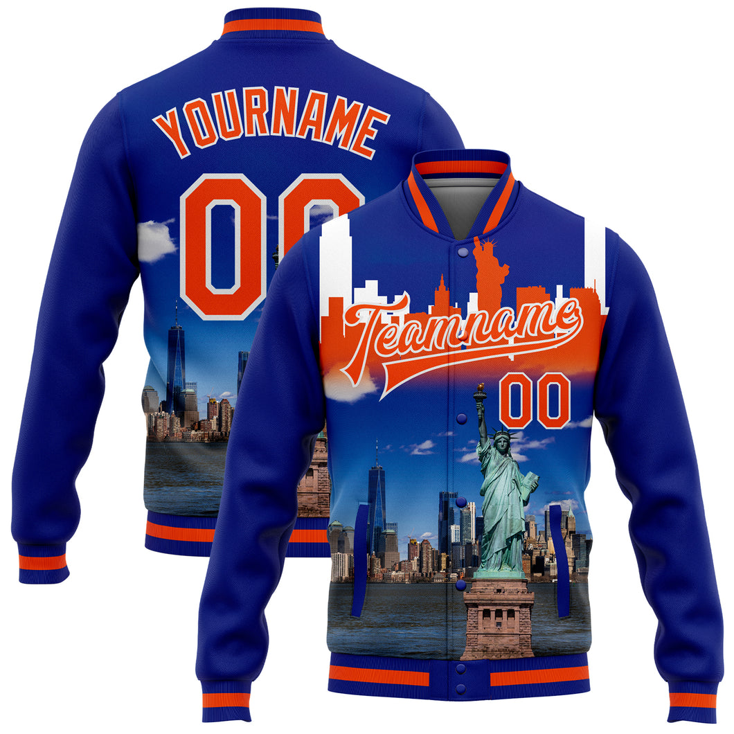 Custom Royal Orange-White Statue Of Liberty New York City Edition 3D Bomber Full-Snap Varsity Letterman Jacket