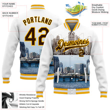 Load image into Gallery viewer, Custom White Brown-Gold San Diego California City Edition 3D Bomber Full-Snap Varsity Letterman Jacket
