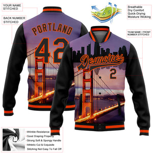 Custom Black Orange The Golden Gate Bridge San Francisco California City Edition 3D Bomber Full-Snap Varsity Letterman Jacket