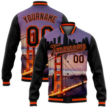 Laden Sie das Bild in den Galerie-Viewer, Custom Black Orange The Golden Gate Bridge San Francisco California City Edition 3D Bomber Full-Snap Varsity Letterman Jacket
