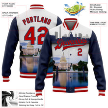 Laden Sie das Bild in den Galerie-Viewer, Custom White Red-Navy Capitol Washington City Edition 3D Bomber Full-Snap Varsity Letterman Jacket
