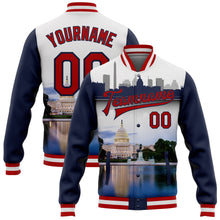 Load image into Gallery viewer, Custom White Red-Navy Capitol Washington City Edition 3D Bomber Full-Snap Varsity Letterman Jacket

