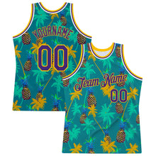 Laden Sie das Bild in den Galerie-Viewer, Custom Kelly Green Purple-Gold 3D Pattern Hawaii Palm Trees Pineapples Authentic Basketball Jersey
