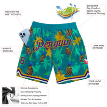 Load image into Gallery viewer, Custom Kelly Green Purple-Gold 3D Pattern Design Palm Trees Pineapples Authentic Basketball Shorts
