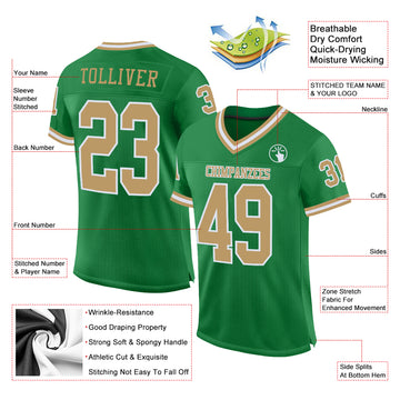Custom Grass Green Old Gold-White Mesh Authentic Throwback Football Jersey