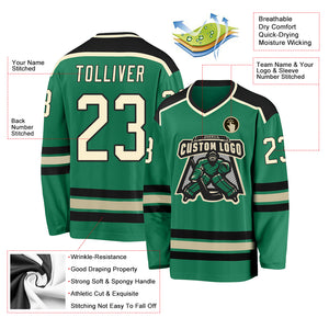 Custom Kelly Green Cream-Black Hockey Jersey