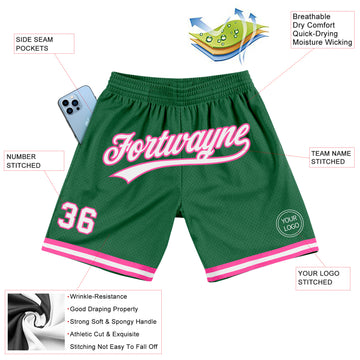 Custom Kelly Green White-Pink Authentic Throwback Basketball Shorts