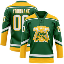 Load image into Gallery viewer, Custom Kelly Green White-Gold Hockey Lace Neck Jersey
