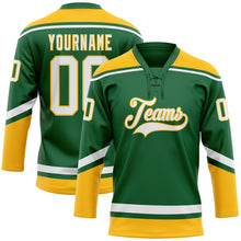 Load image into Gallery viewer, Custom Kelly Green White-Gold Hockey Lace Neck Jersey
