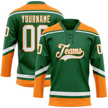 Load image into Gallery viewer, Custom Kelly Green White-Bay Orange Hockey Lace Neck Jersey
