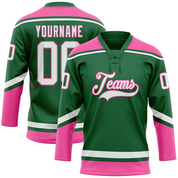 Custom Kelly Green White-Pink Hockey Lace Neck Jersey