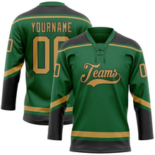 Load image into Gallery viewer, Custom Kelly Green Old Gold-Black Hockey Lace Neck Jersey
