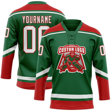 Load image into Gallery viewer, Custom Kelly Green White-Red Hockey Lace Neck Jersey
