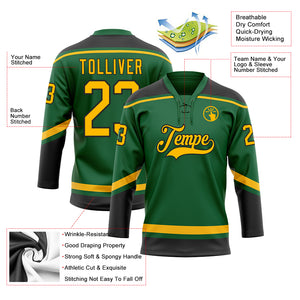 Custom Kelly Green Gold-Black Hockey Lace Neck Jersey
