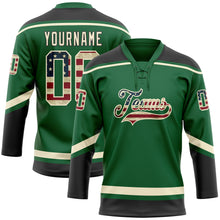 Load image into Gallery viewer, Custom Kelly Green Vintage USA Flag Cream-Black Hockey Lace Neck Jersey
