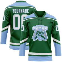 Load image into Gallery viewer, Custom Kelly Green White-Light Blue Hockey Lace Neck Jersey

