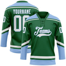 Load image into Gallery viewer, Custom Kelly Green White-Light Blue Hockey Lace Neck Jersey
