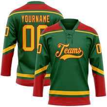 Load image into Gallery viewer, Custom Kelly Green Gold-Red Hockey Lace Neck Jersey
