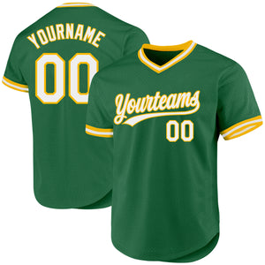 Custom Kelly Green White-Gold Authentic Throwback Baseball Jersey