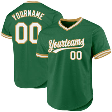 Custom Kelly Green White-Old Gold Authentic Throwback Baseball Jersey