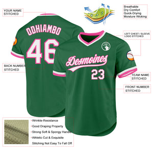 Custom Kelly Green White-Pink Authentic Throwback Baseball Jersey
