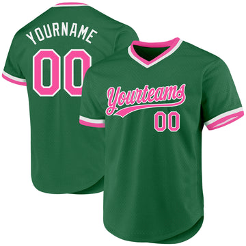 Custom Kelly Green Pink-White Authentic Throwback Baseball Jersey