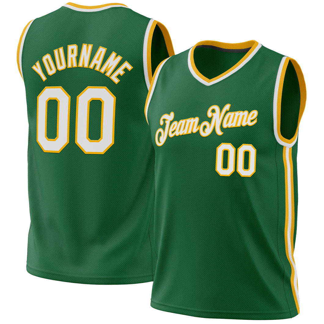 Custom Kelly Green White-Gold Authentic Throwback Basketball Jersey