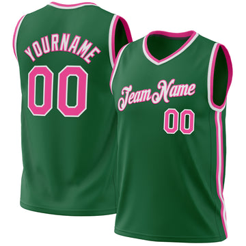 Custom Kelly Green Pink-White Authentic Throwback Basketball Jersey
