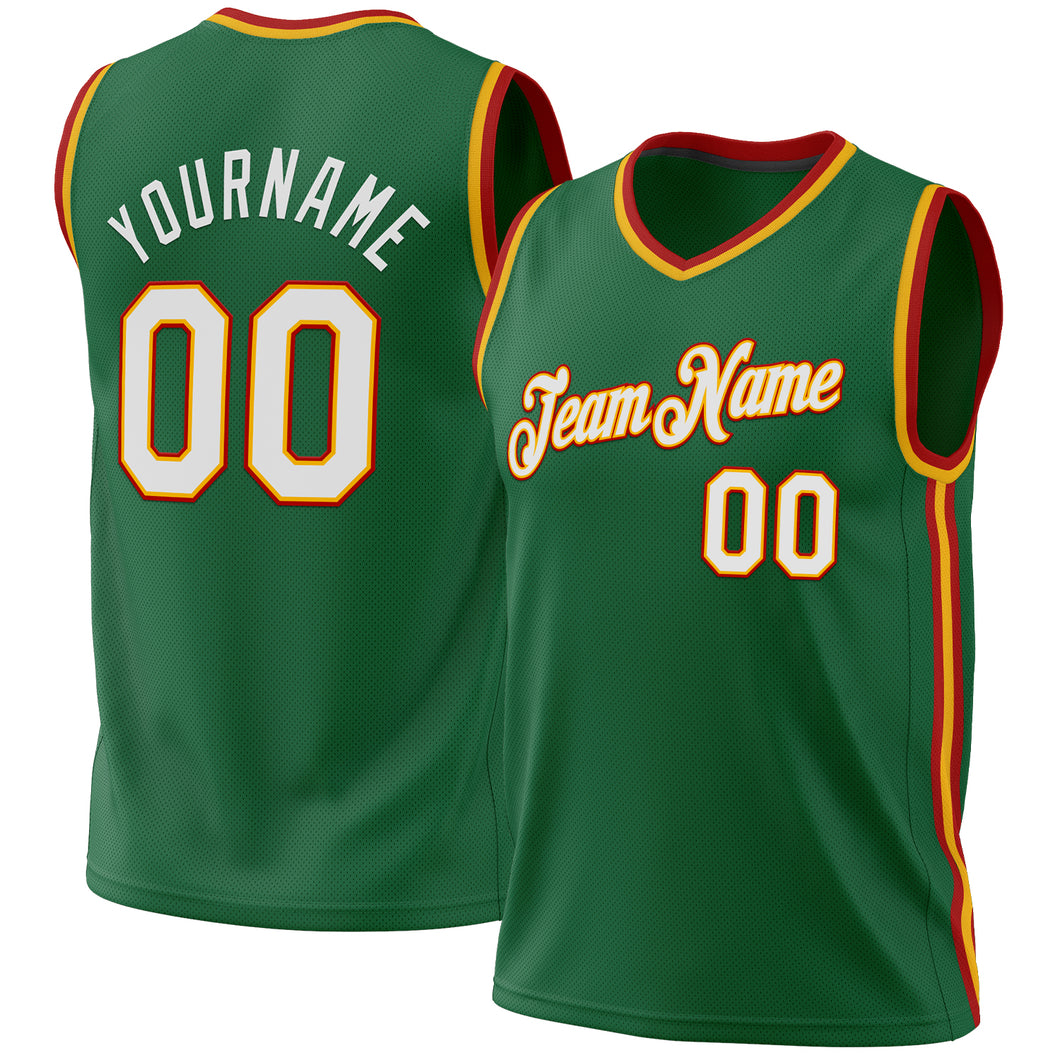 Custom Kelly Green Gold-Red Authentic Throwback Basketball Jersey