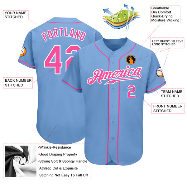 Custom Team Pink Baseball Authentic White Jersey Light Blue