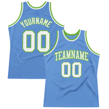 Load image into Gallery viewer, Custom Light Blue White-Neon Green Authentic Throwback Basketball Jersey
