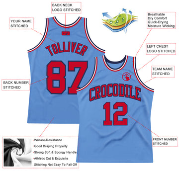 Custom Light Blue Red-Navy Authentic Throwback Basketball Jersey