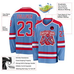 Custom Light Blue Red-White Hockey Jersey