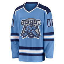 Laden Sie das Bild in den Galerie-Viewer, Custom Light Blue Navy-White Hockey Jersey
