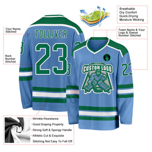 Custom Light Blue Kelly Green-White Hockey Jersey