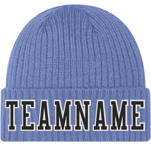 Load image into Gallery viewer, Custom Light Blue Black-White Stitched Cuffed Knit Hat
