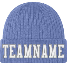 Load image into Gallery viewer, Custom Light Blue White-Gray Stitched Cuffed Knit Hat
