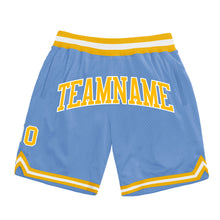 Laden Sie das Bild in den Galerie-Viewer, Custom Light Blue Gold-White Authentic Throwback Basketball Shorts
