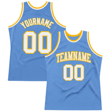 Laden Sie das Bild in den Galerie-Viewer, Custom Light Blue White-Gold Authentic Throwback Basketball Jersey
