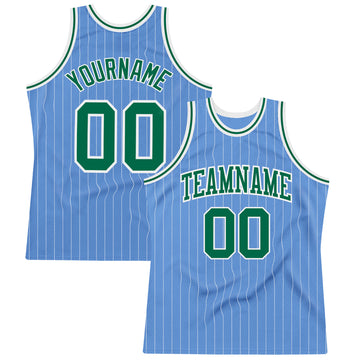 Custom Light Blue White Pinstripe Kelly Green Authentic Basketball Jersey